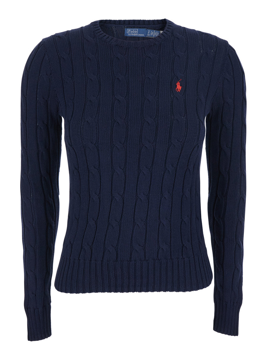 Crew Neck Sweater Pony Embroidery Blue Cotton Tops