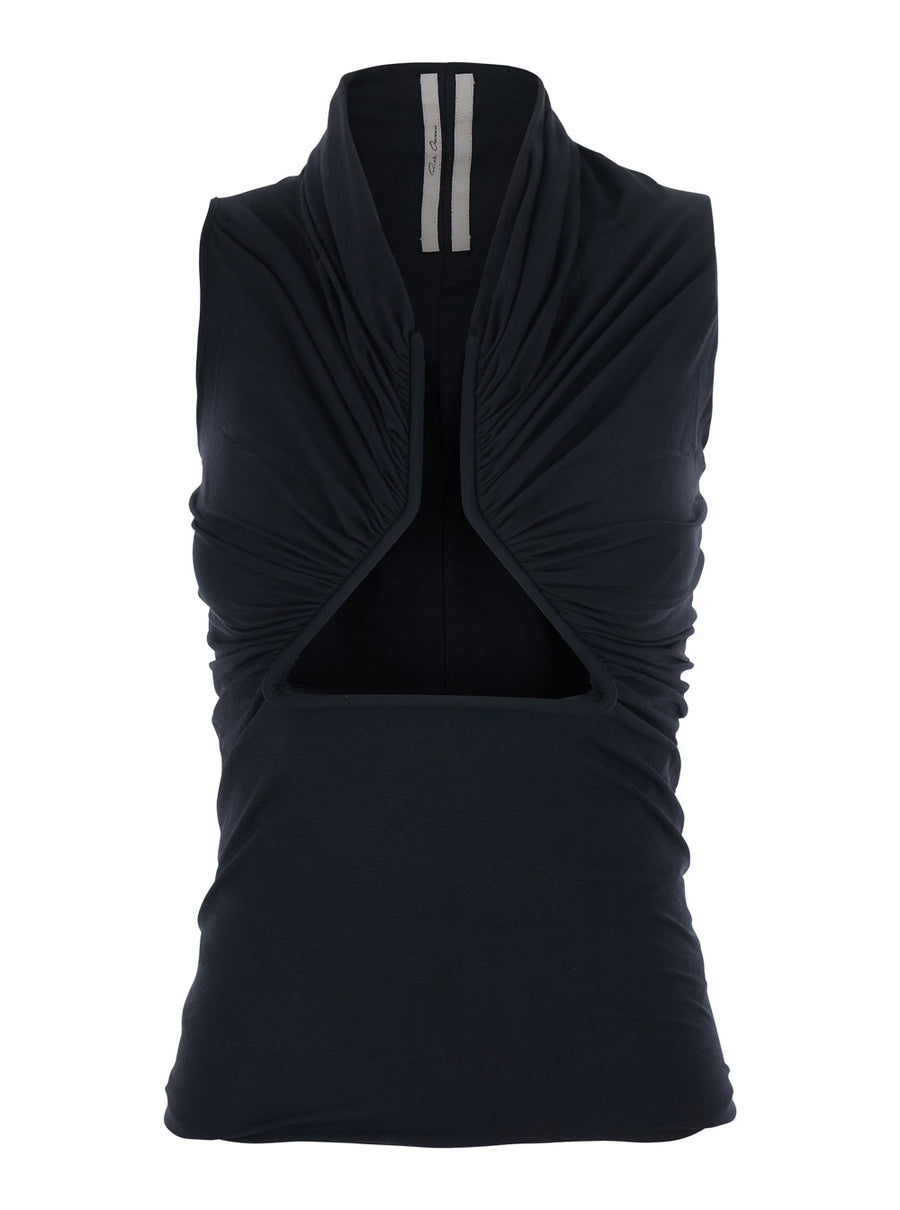 Sleeveless Top With Ruching And Front Vent — Black Nylon Tops