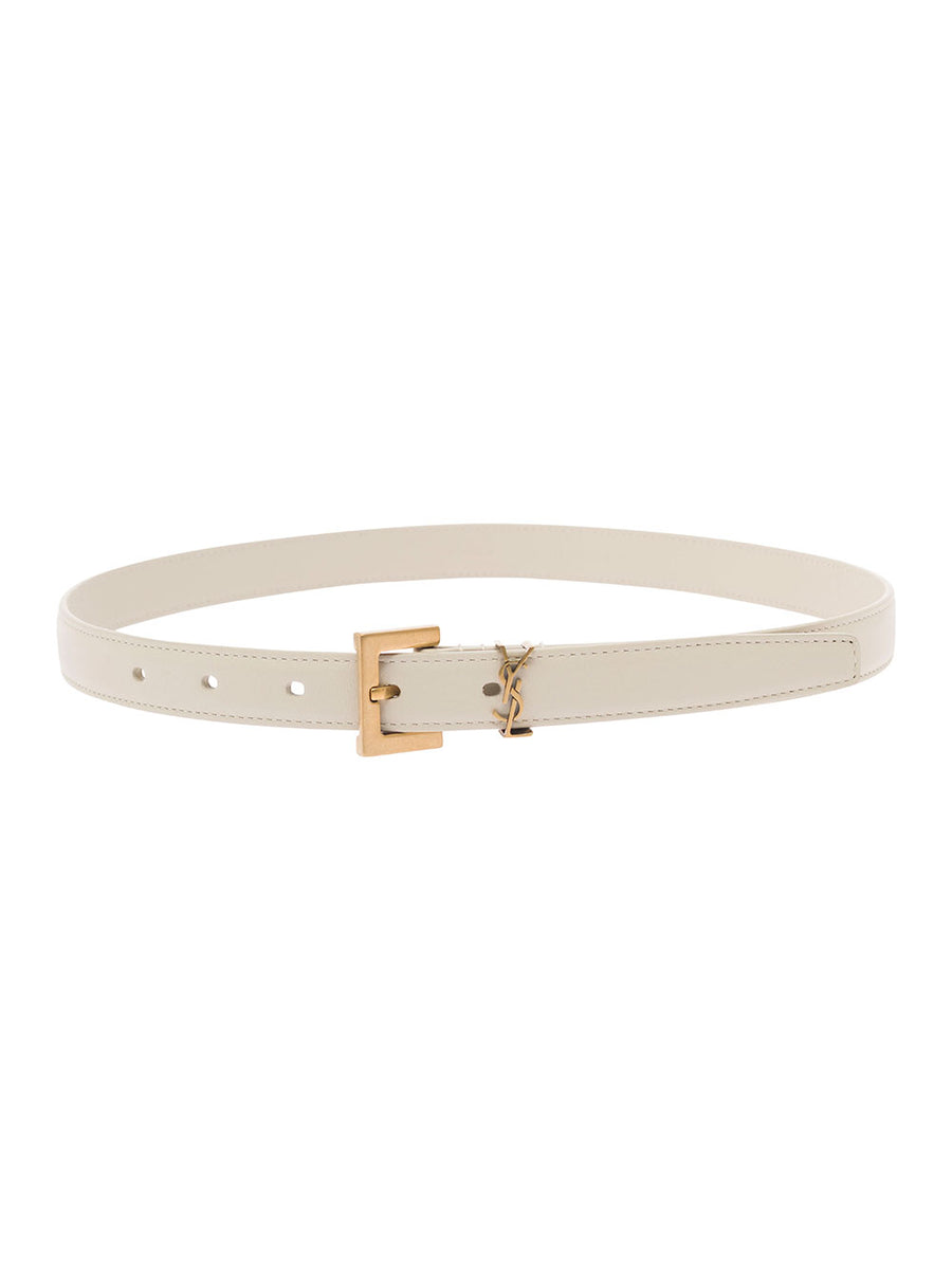 Leather Belt With Logo Buckle White Calf