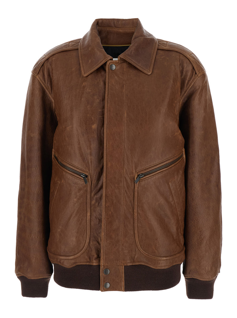 Bomber Jacket Leather Brown Lamb Coat