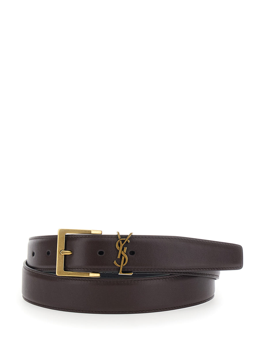 Belt With Cassandre Plate, Brown Leather