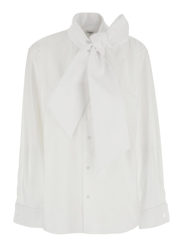 Long-Sleeved Shirt Lavallière Collar White Blouses