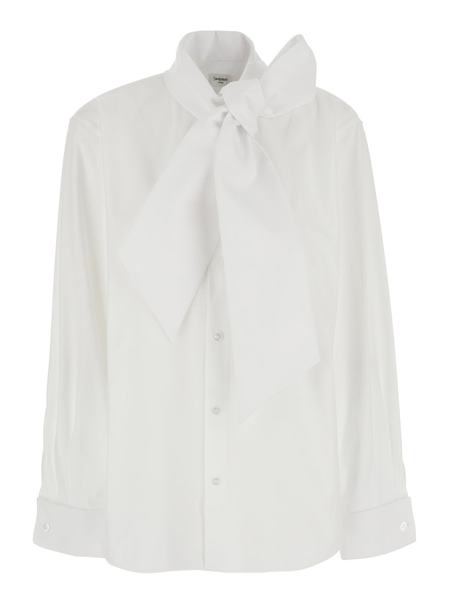 Long-Sleeved Shirt Lavallière Collar White Blouses