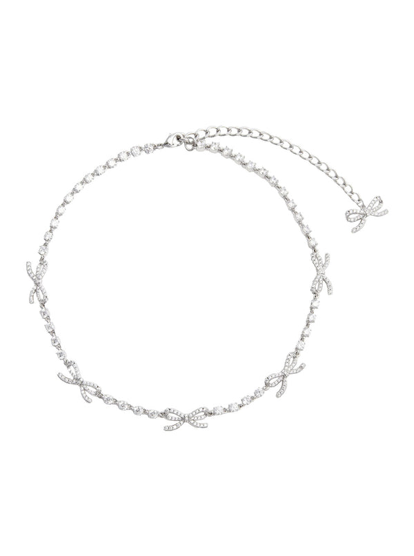 Necklace With Bows And Crystals, Silver-Coloured Metallic Copper Necklaces