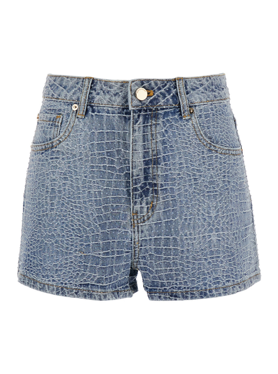 Shorts Rhinestone Croc Effect Blue Denim Cotton