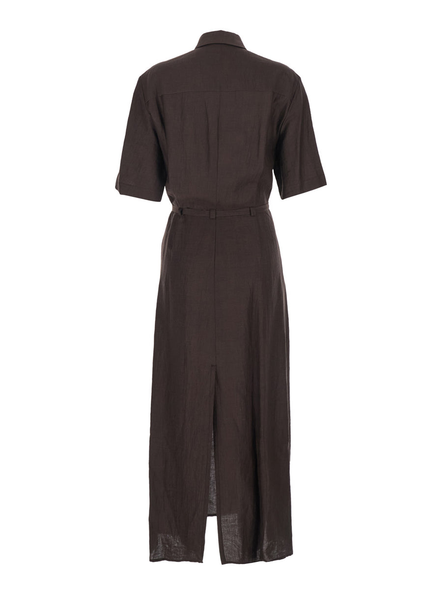 Long Linen-Blend Dress, Brown