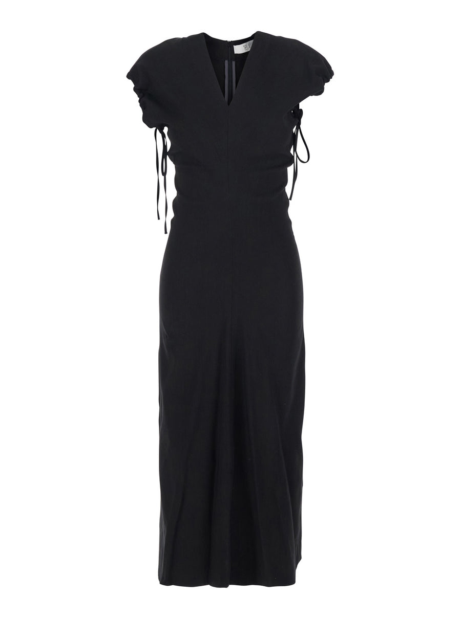 Long V-Neck Dress Black Linen Blend