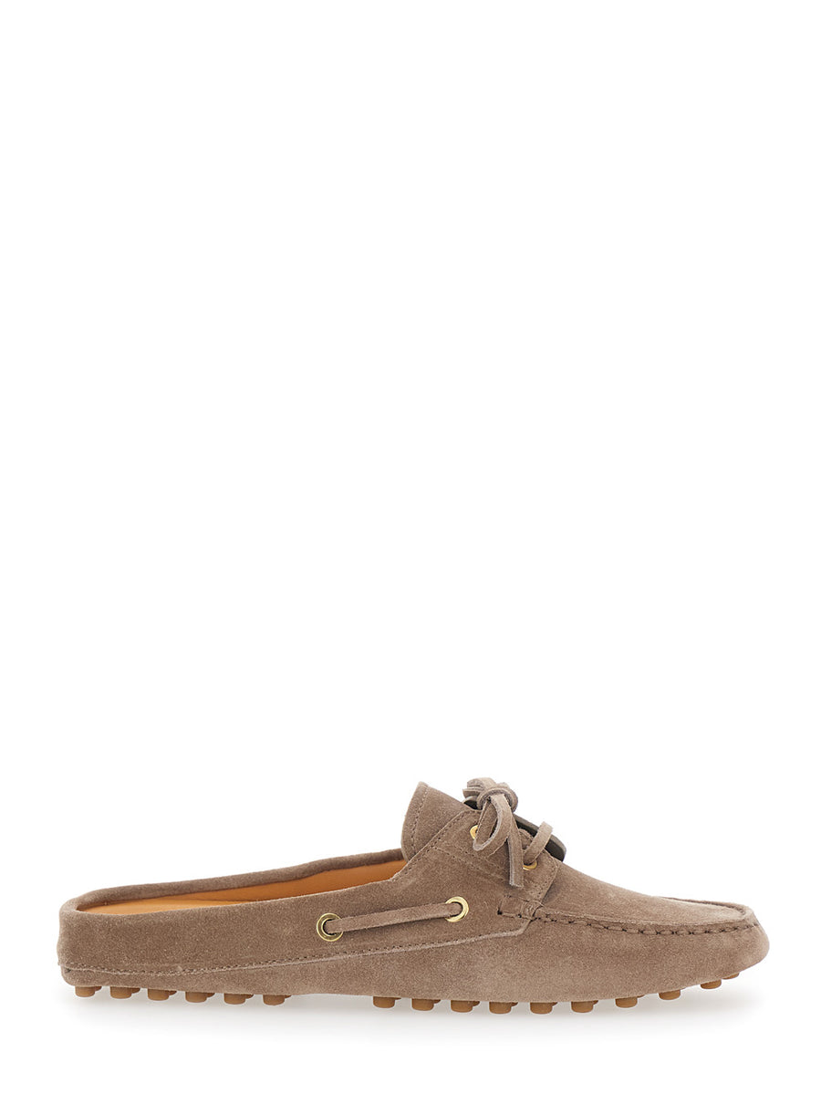 Loafers With Side Laces, Brown Suede Calf Leather