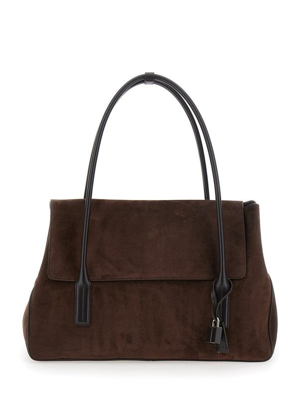 Large Shoulder Bag Brown Suede Calf Leather
