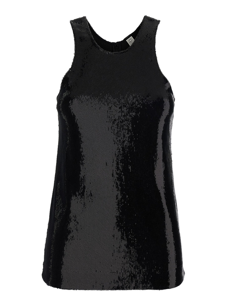 Top With Round Neck, Black Sequin Polyester Tops