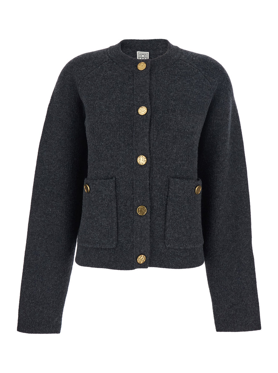 Round Neck Cardigan Grey Wool-Blend Tops
