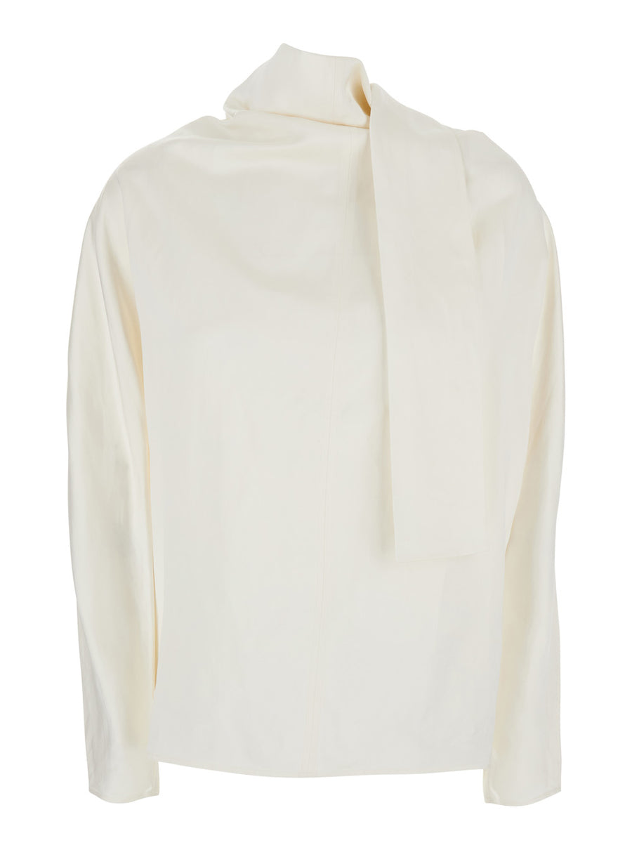 Blouse With Cowl Neck, Knot Back — White Blouses
