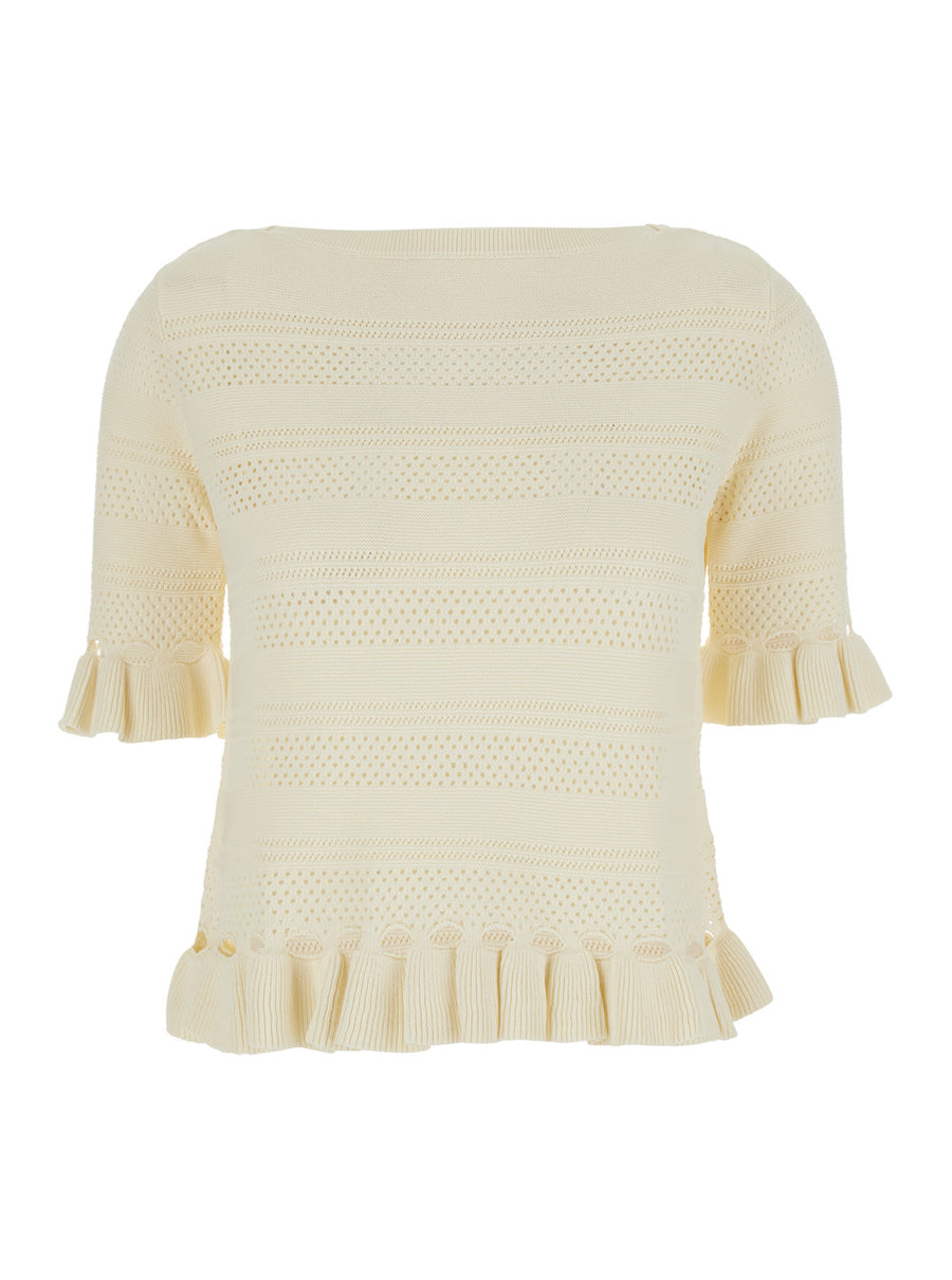 Sweater With Ruffles, Wool-Blend White Viscose Tops