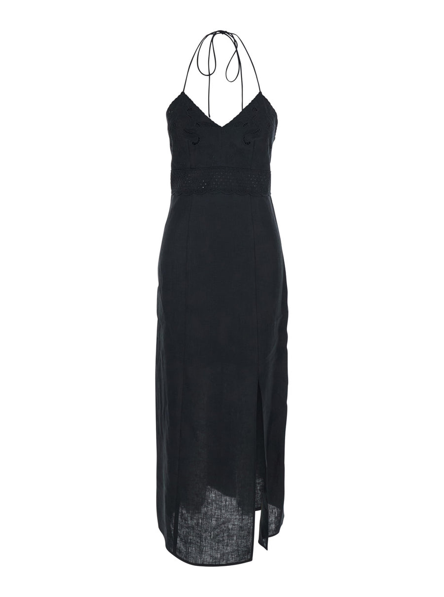 Long Dress Embroidery Black Linen