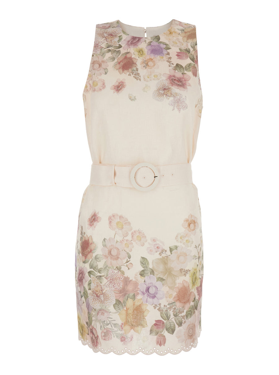 Dress Flower Print Beige Linen