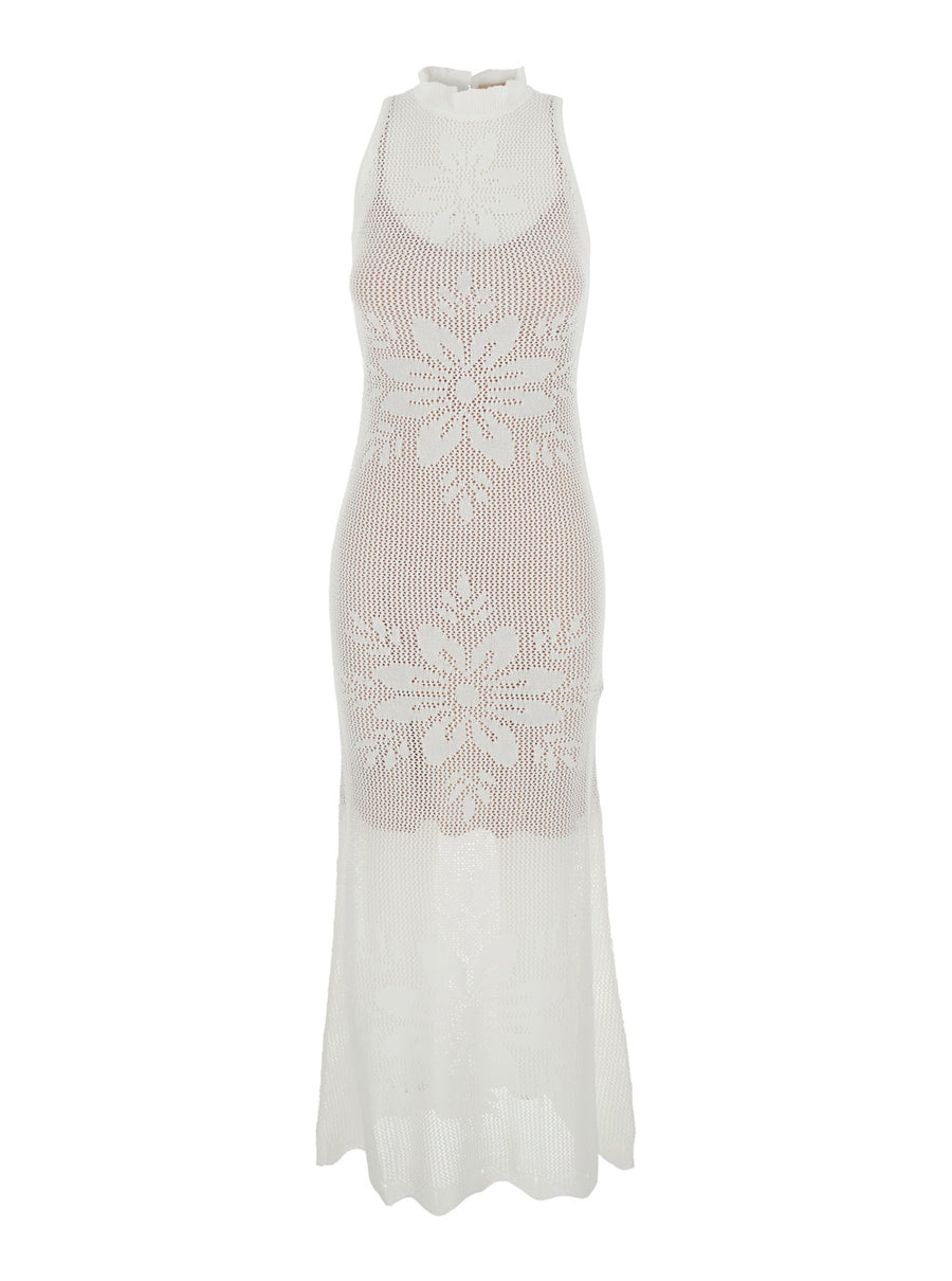 Long Sleeveless Crew Neck Dress White Viscose