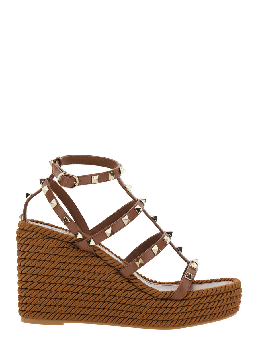 Wedge Sandals Rockstud Brown Leather