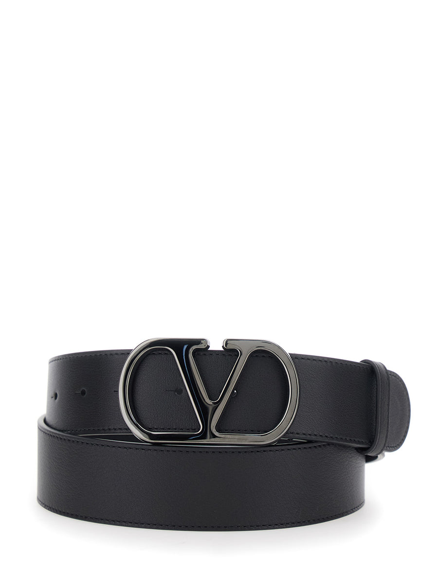 Leather Belt With Vlogo Plaque Black
