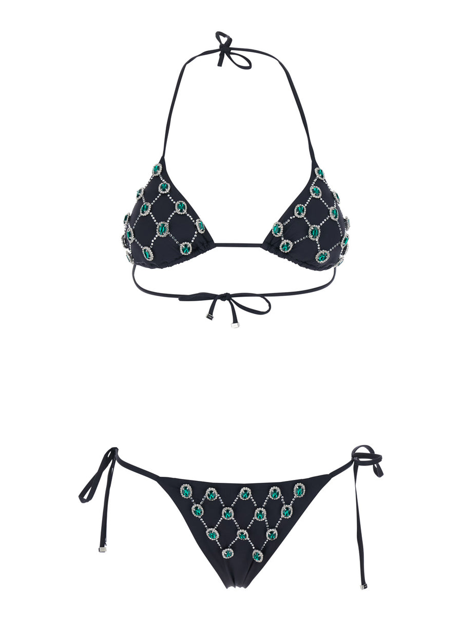Bikini With Gem Embroidery, Black Polyamide Swimwear
