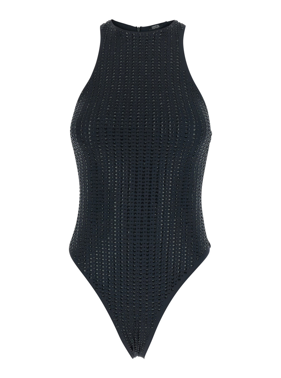 One-Piece Swimsuit, Black, Sequined Stripes Swimwear