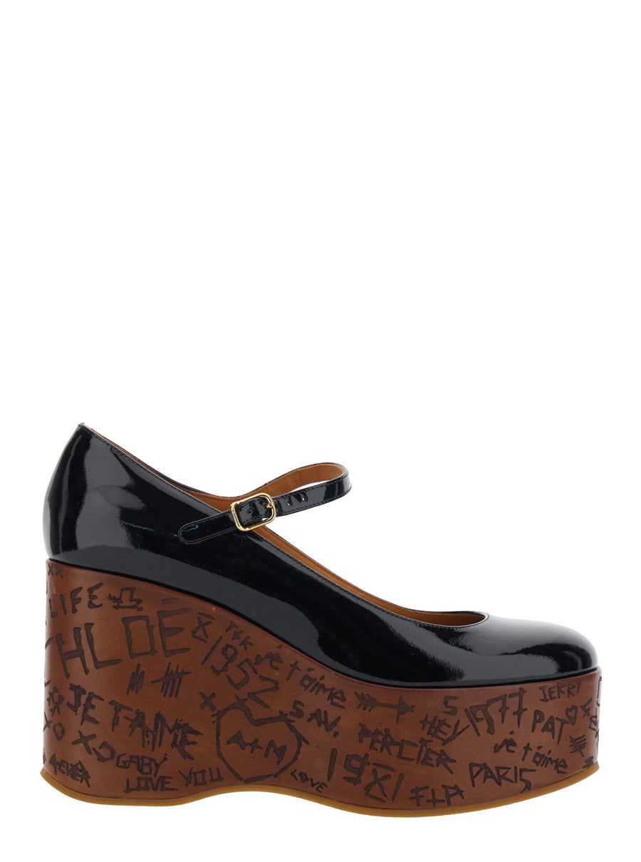 Wedges Mary Jane, Black Leather Shoe