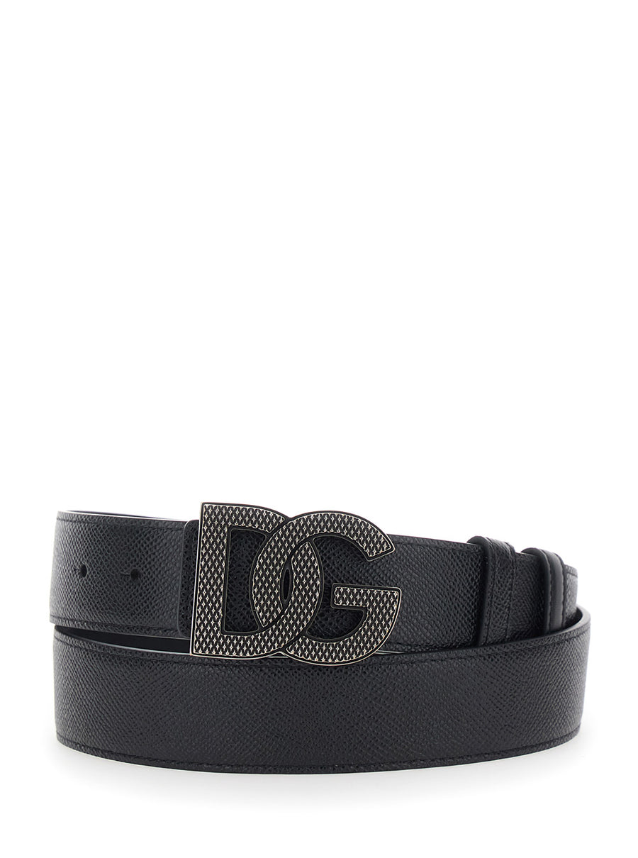 Belt With Logo Buckle, Black Calfskin Leather