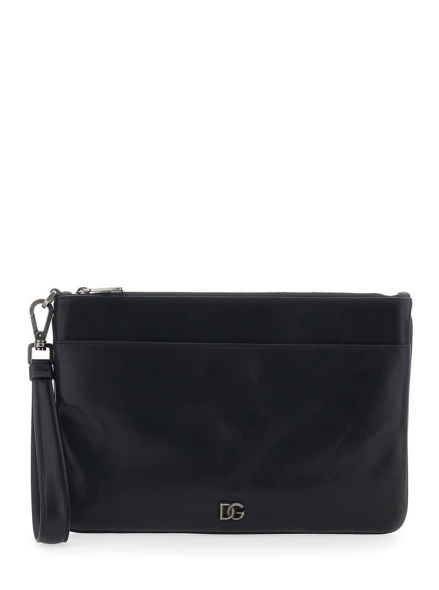 Clutch Bag Black Leather Cotton