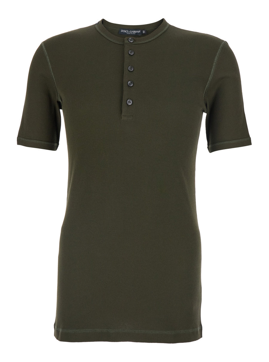 T-Shirt Serafino Green Ribbed Cotton T-shirts