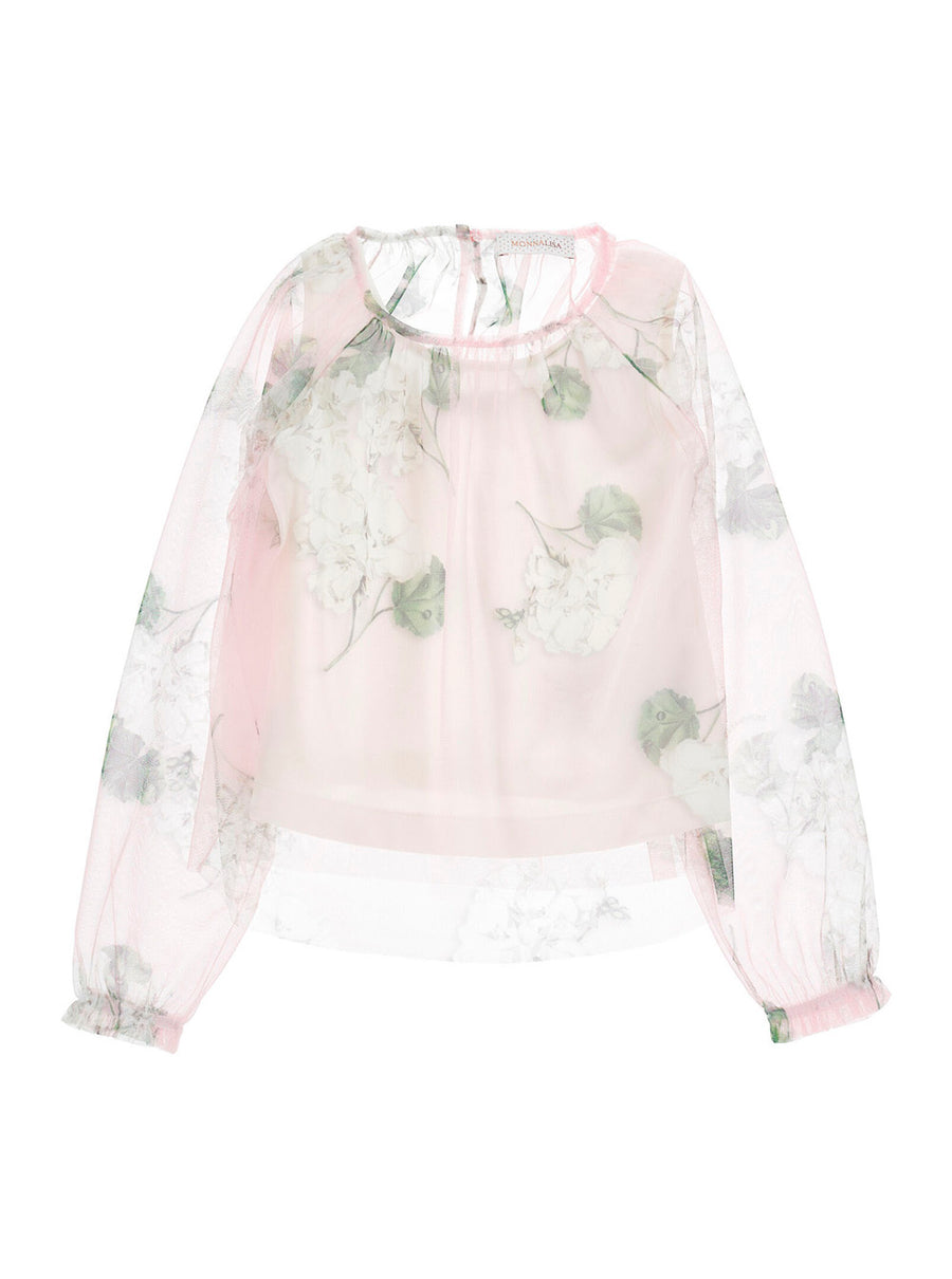 Tulle Top Floral Motif Pink Cotton Tops