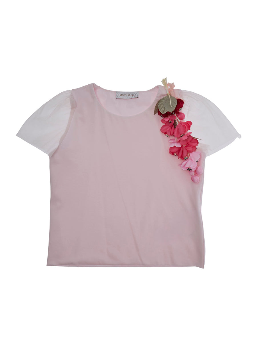 T-Shirt With Pink Tulle Floral Detail Cotton T-shirts