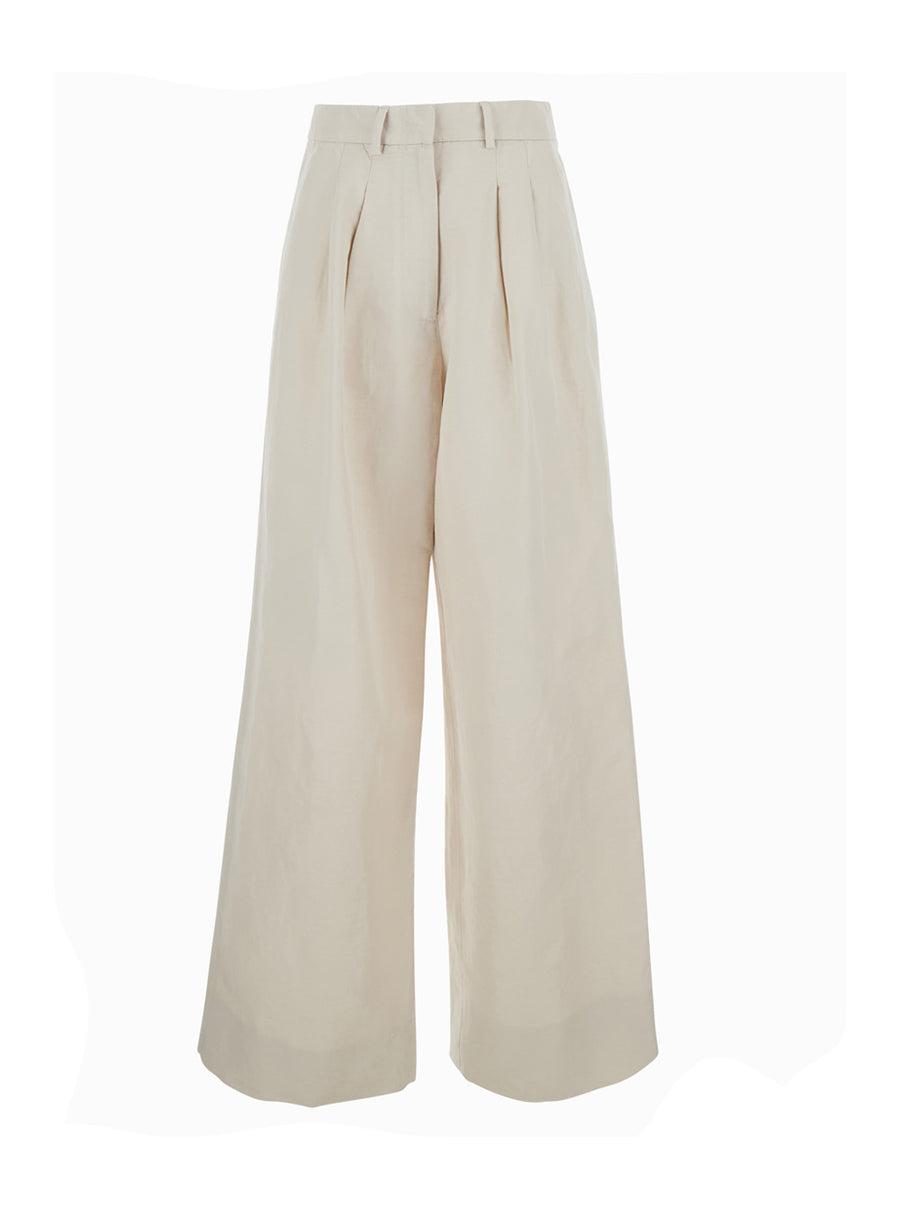 Wide-Leg Trousers Beige Linen-Cotton Blend