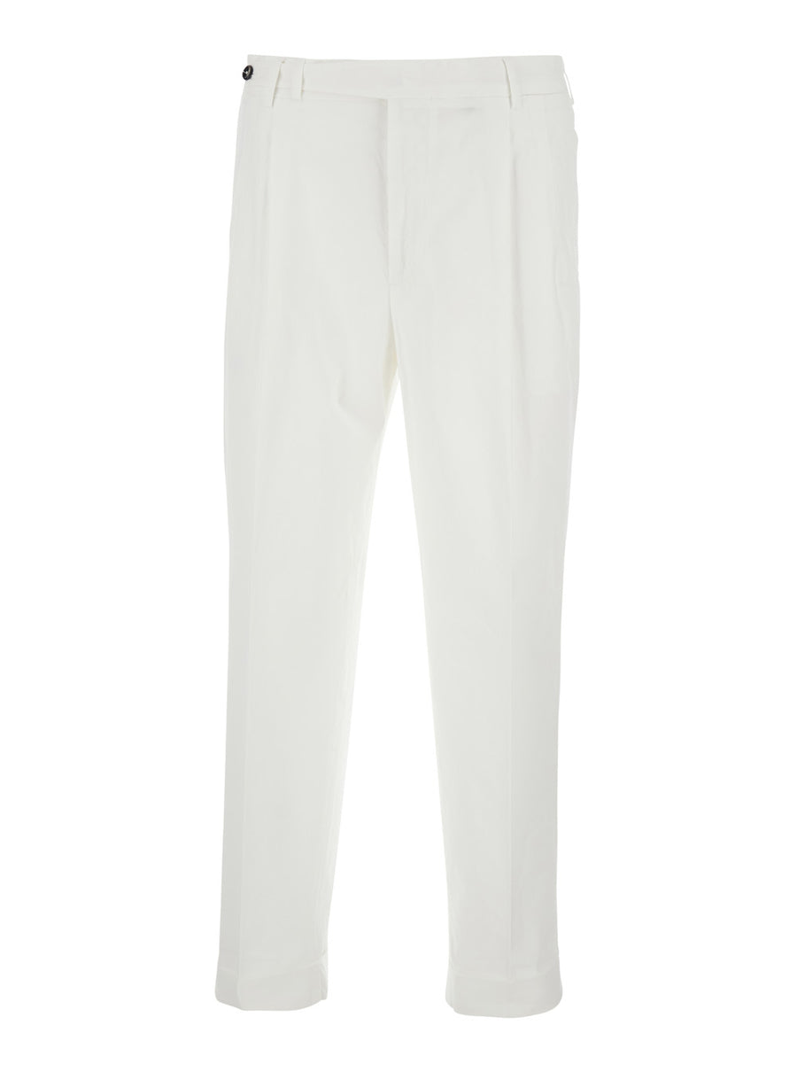 Trousers With Front Pleats, White Cotton