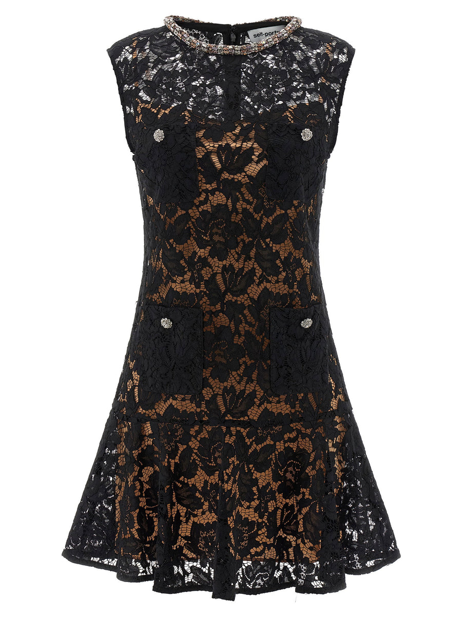 Self-Portrait Lace Crystal Dress — Black