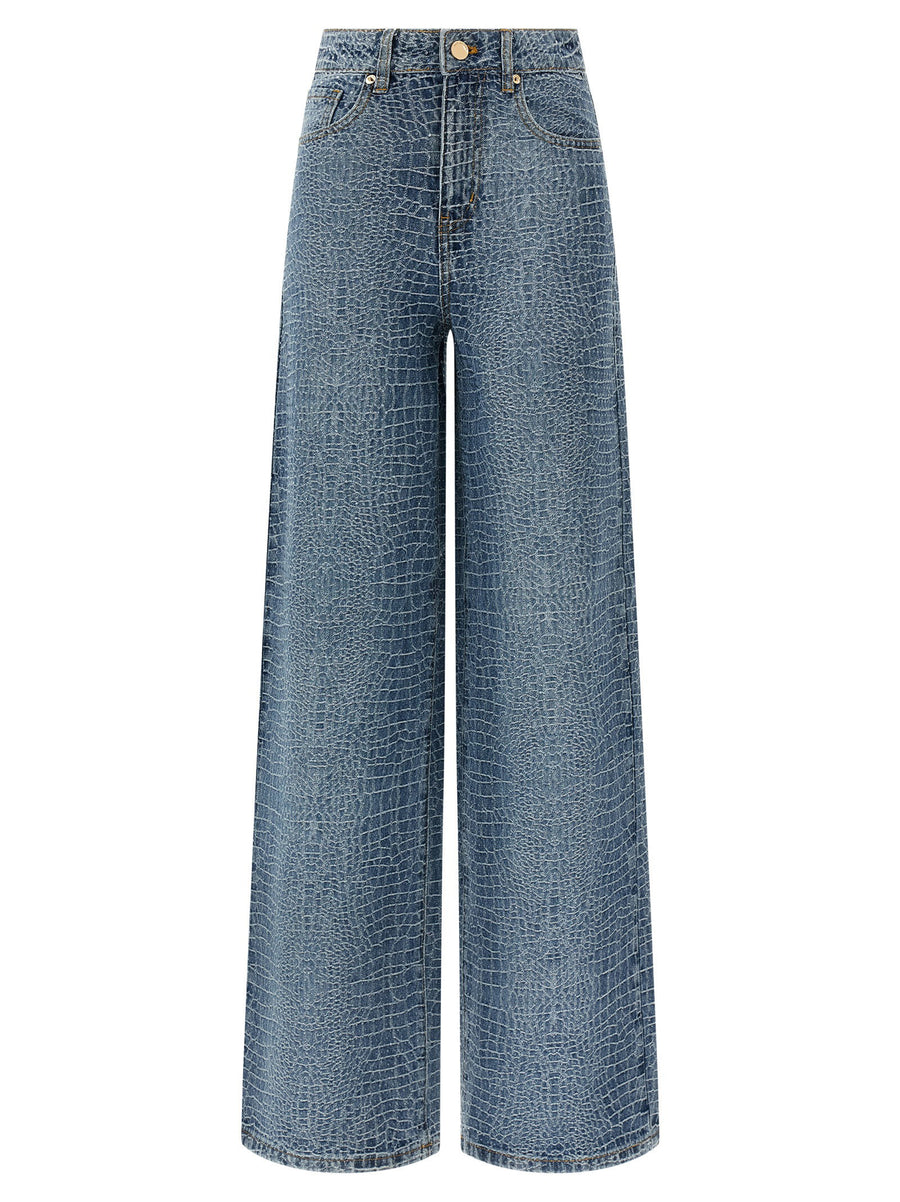 Self-Portrait Rhinestone & Croc-Effect Jeans — Blue