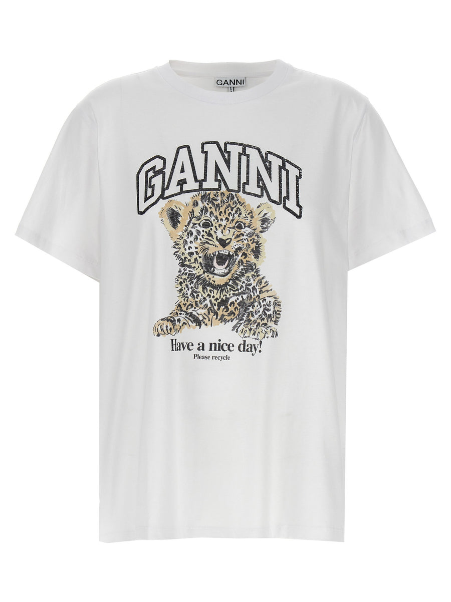 Ganni Leopard-Print Organic Cotton T-shirt — White