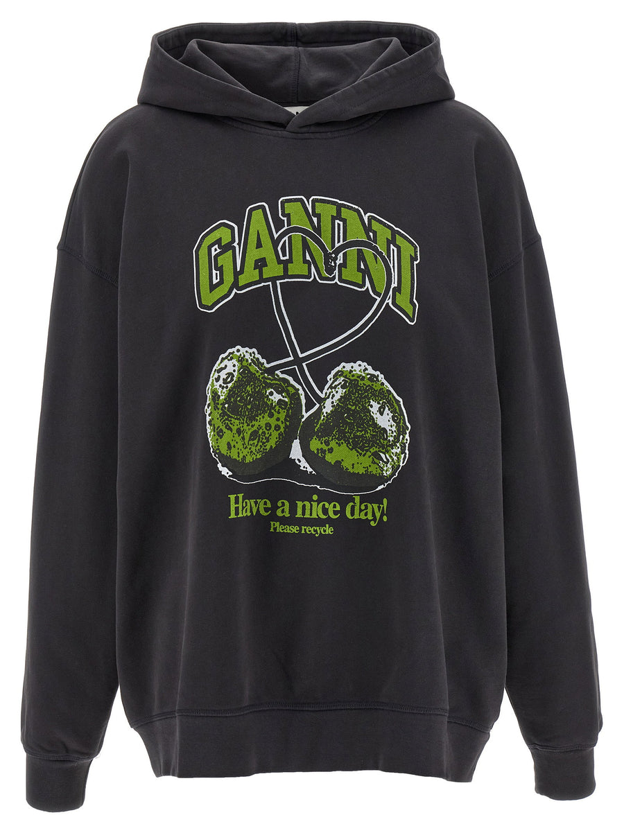 Ganni Cherry-Print Cotton Jersey Hoodie — Black