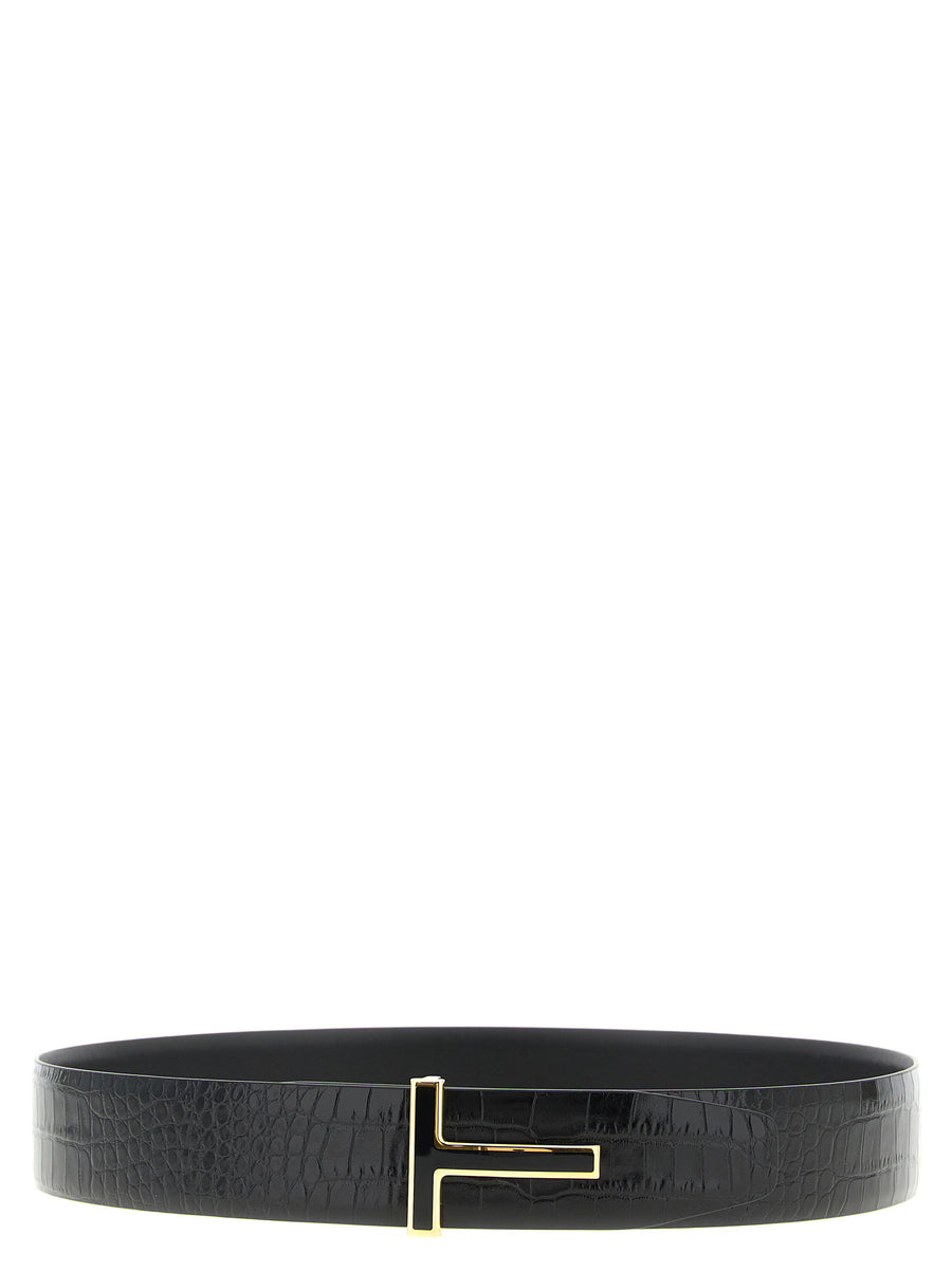 Tom Ford Reversible Crocodile-Effect Leather Belt — Black