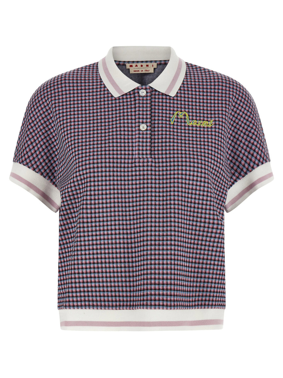 Marni Check-Pattern Viscose Blend Polo — Navy