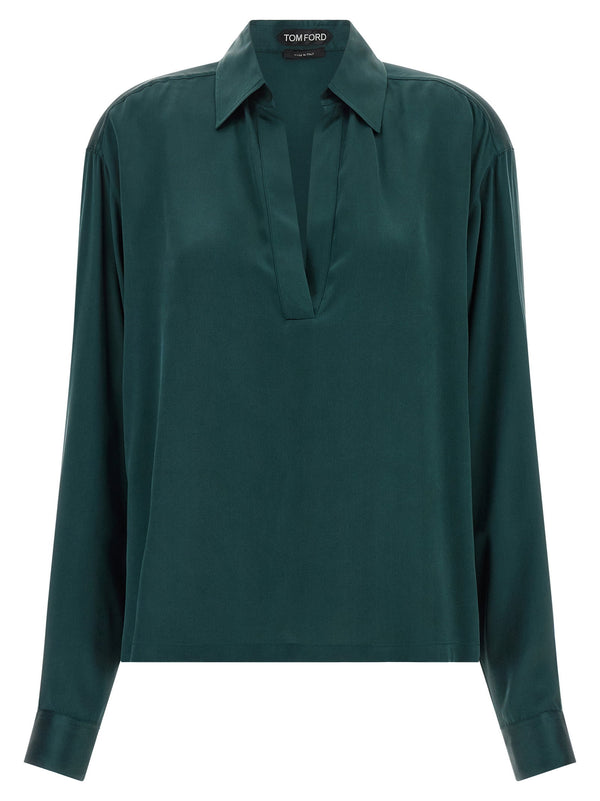 Tom Ford Silk Satin V-Neck Polo Shirt — Teal