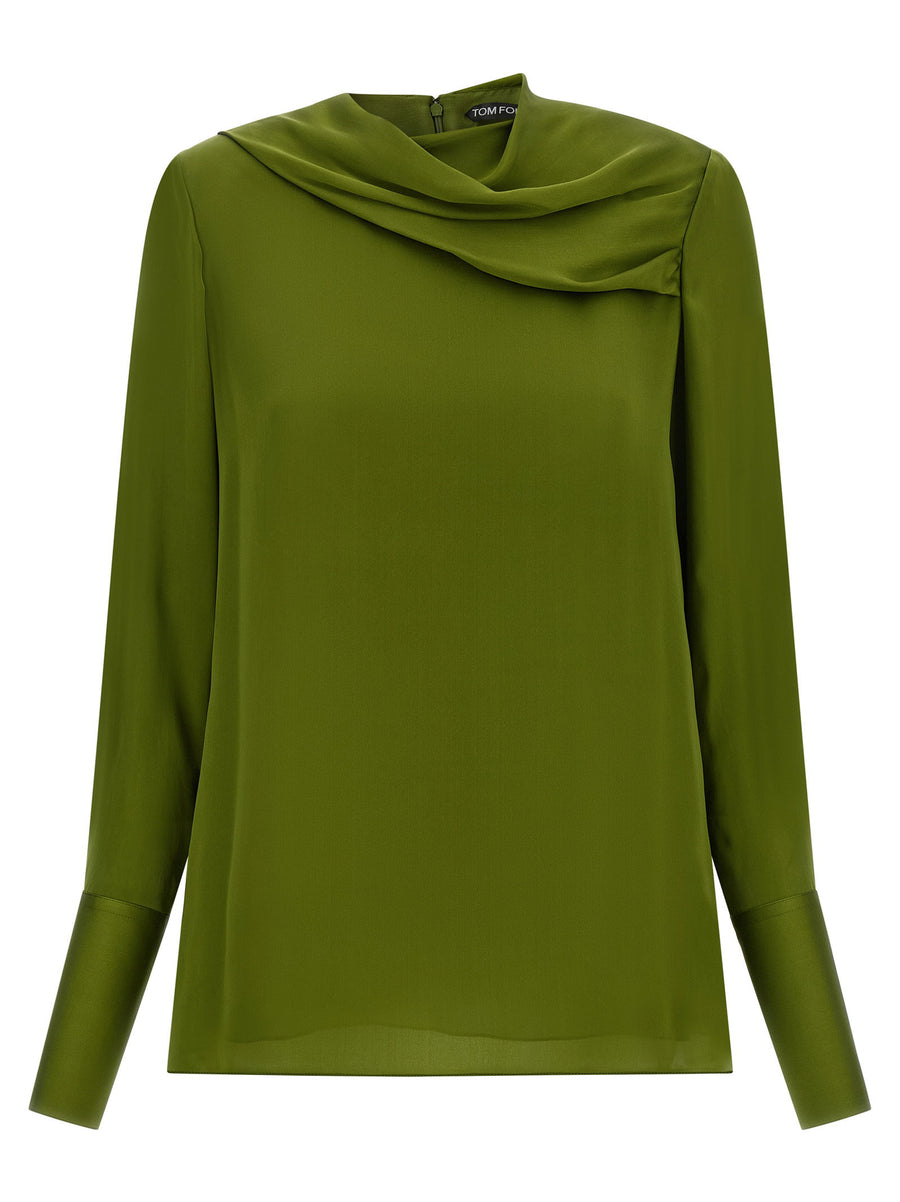 Tom Ford Draped Neck Silk Blouse — olive green