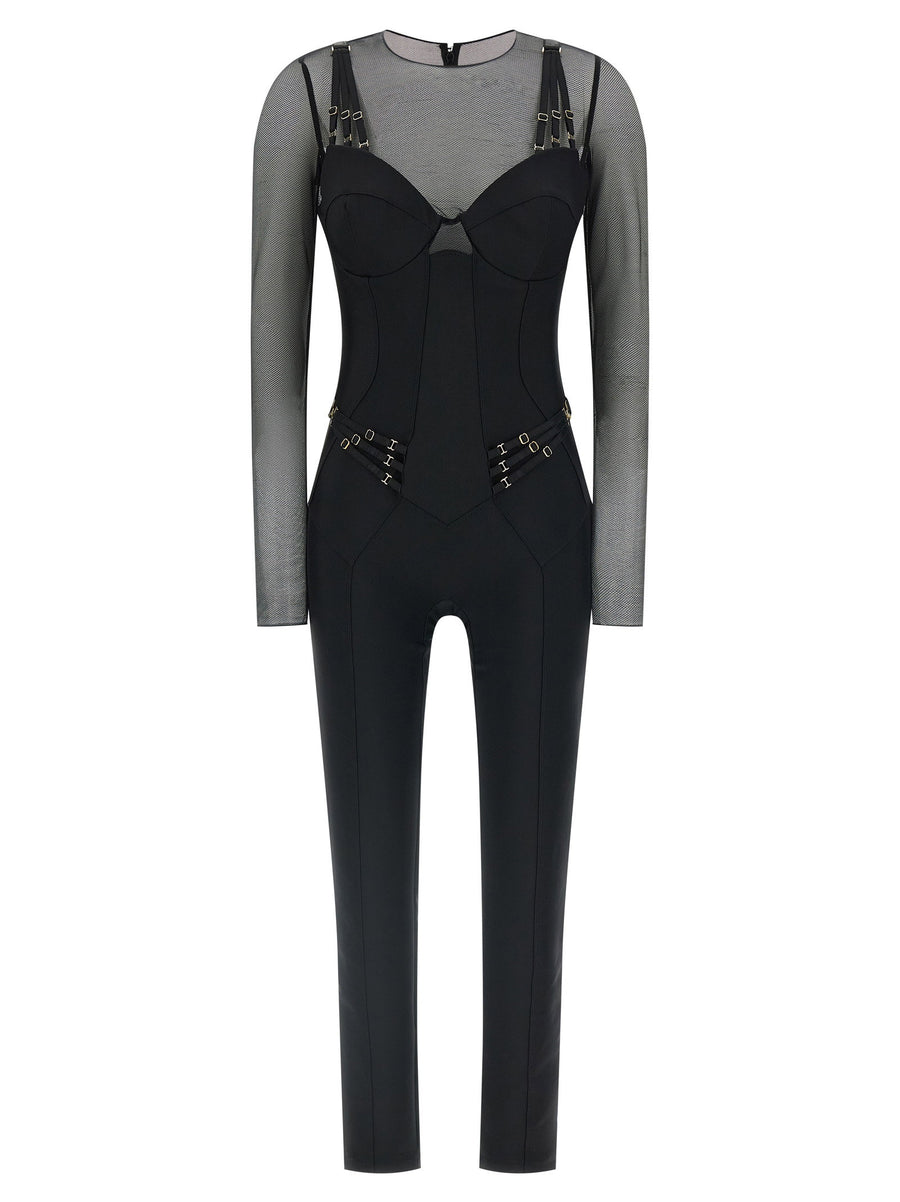 Elisabetta Franchi Tulle and Jersey Jumpsuit — Black