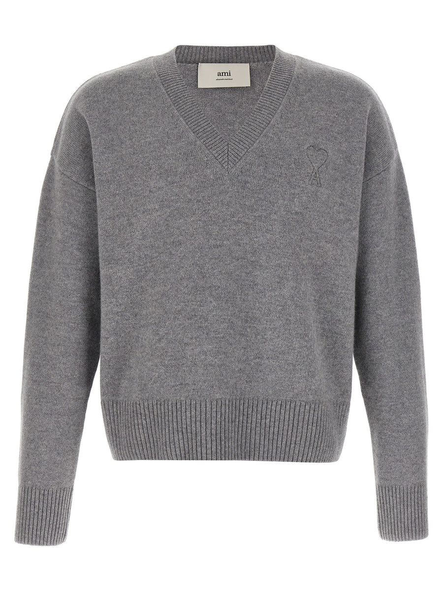 Ami Paris Wool and Cashmere with Puff Logo Patch Sweater — Gray