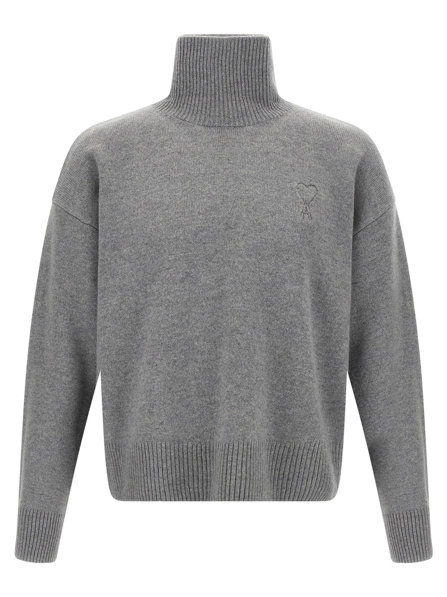 Ami Paris Puff Logo Turtleneck Sweater — Grey