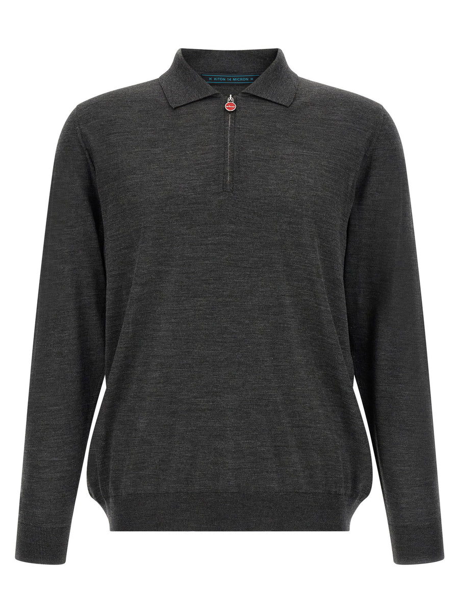 Kiton 14 Micron Wool Half-Zip Polo — Charcoal