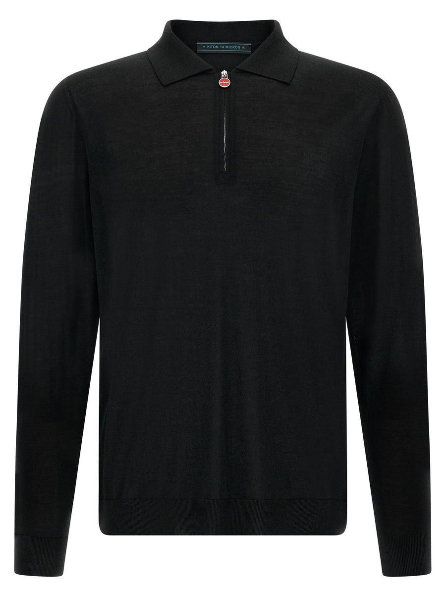 Kiton 14-Micron Wool Polo Shirt — Black