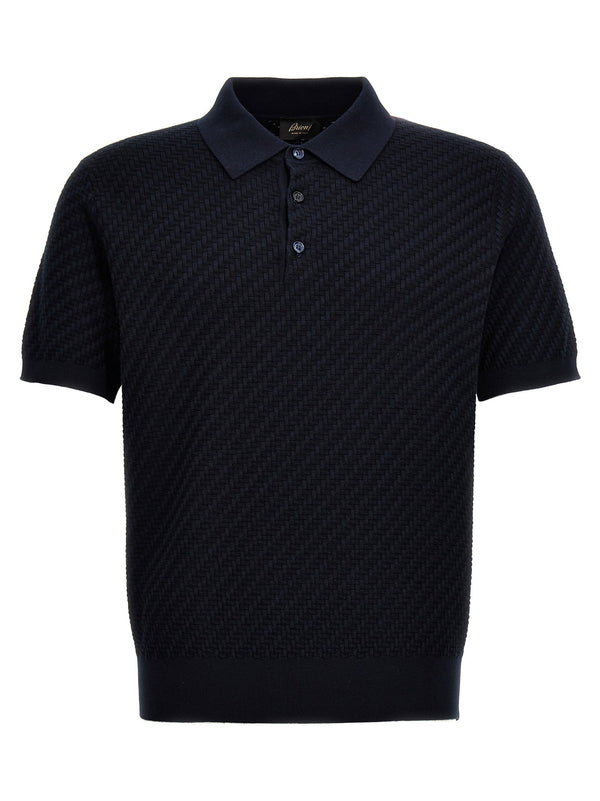 Brioni Woven Knit Cotton Blend Polo Shirt — Navy