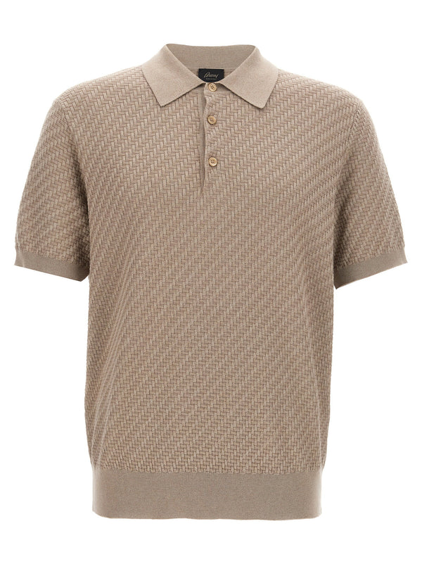Brioni Silk Blend Knit Woven Polo Shirt — Beige