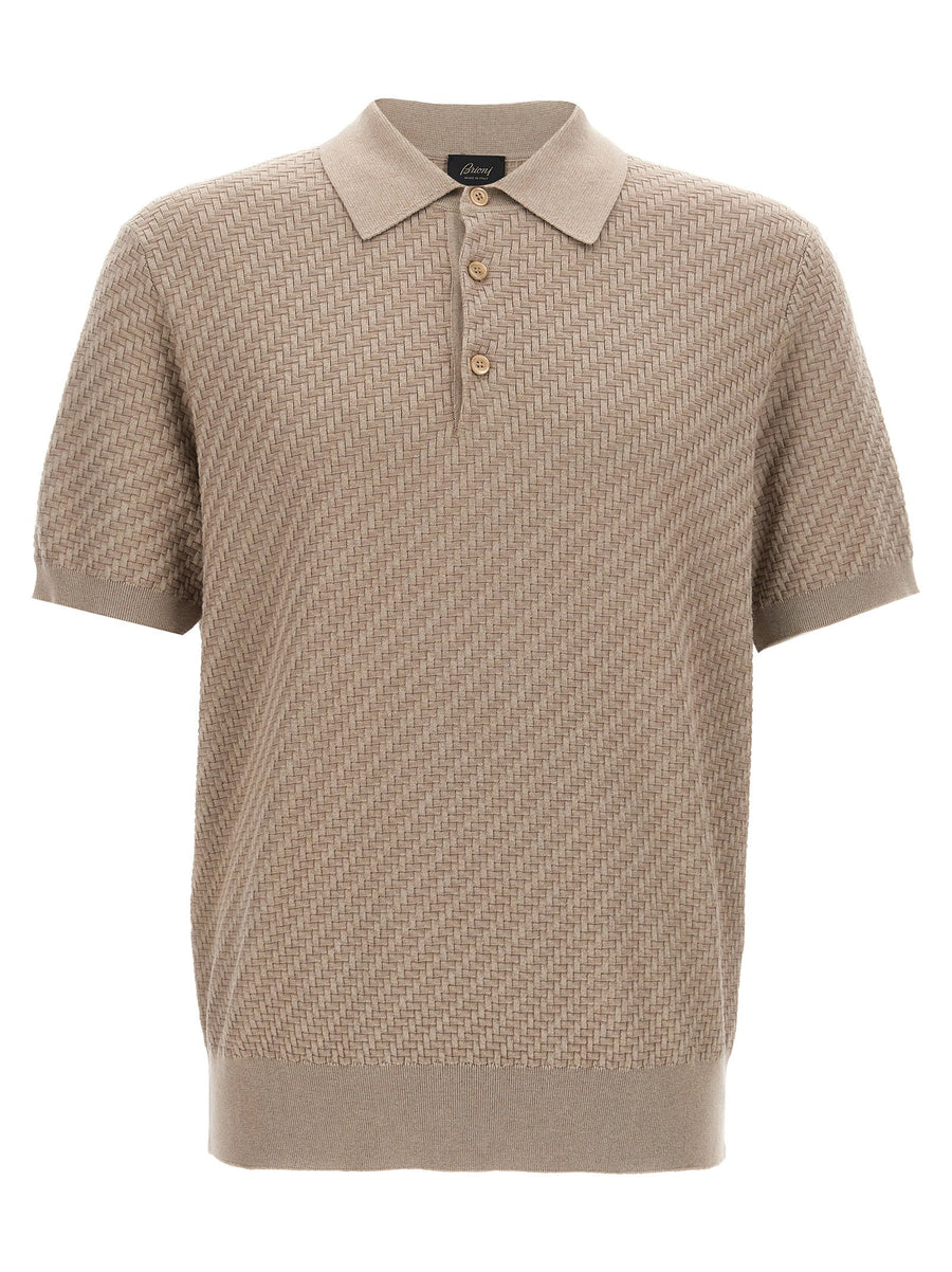 Brioni Silk Blend Knit Woven Polo Shirt — Beige