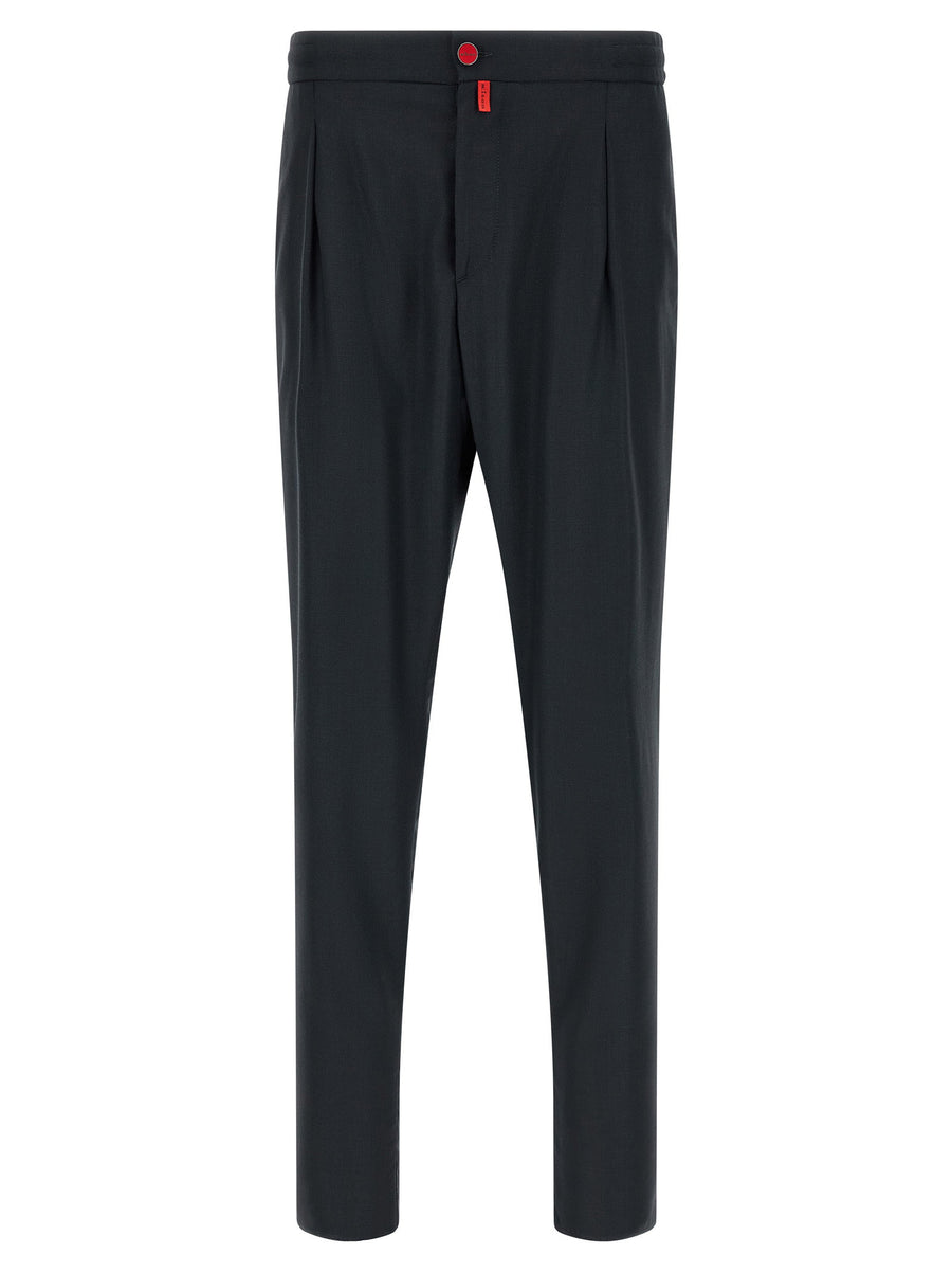 Kiton Virgin Wool with Contrast Red Button Trousers — Navy