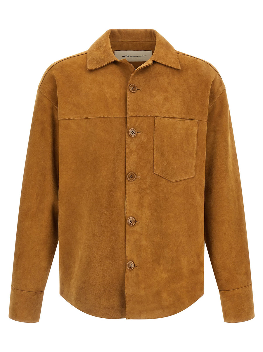 Ami Paris Suede with Logo Embossing Overshirt — Camel